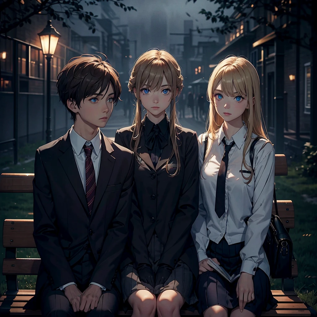 A blond man, and a woman with brown hair, wearing school uniforms, talking, sitting on a bench, dark, dark atmosphere, foggy, mysterious, schoolyard in the background