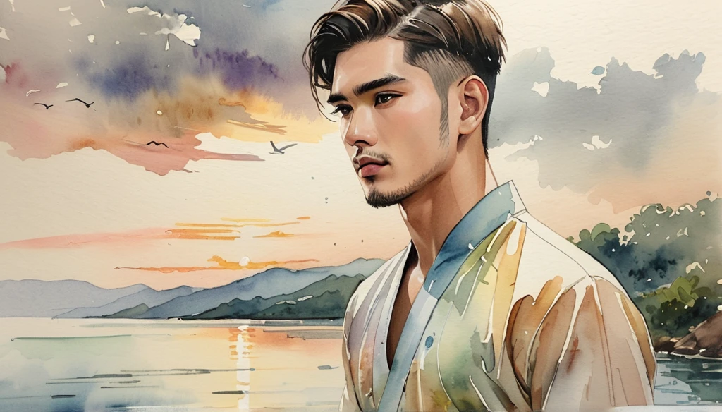 A close-up of a 24 years man standing alone at a scenic overlook, staring into the distance, with a melancholic expression. The sky is overcast, reflecting the mood of the lyrics. ((imperfect water color background)), sketching, realistic drawing, imperfect water color painting, fashion look book, fashion illustrator, sketch design,  the image boasts high-quality, Lanna, North Thai traditional costume.