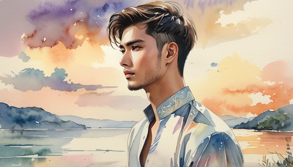 A close-up of a 24 years man standing alone at a scenic overlook, staring into the distance, with a melancholic expression. The sky is overcast, reflecting the mood of the lyrics. ((imperfect water color background)), sketching, realistic drawing, imperfect water color painting, fashion look book, fashion illustrator, sketch design,  the image boasts high-quality, Lanna, North Thai traditional costume.