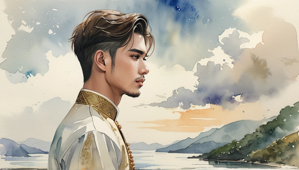 A close-up of a 24 years man standing alone at a scenic overlook, staring into the distance, with a melancholic expression. The sky is overcast, reflecting the mood of the lyrics. ((imperfect water color background)), sketching, realistic drawing, imperfect water color painting, fashion look book, fashion illustrator, sketch design,  the image boasts high-quality, Lanna, North Thai traditional costume.