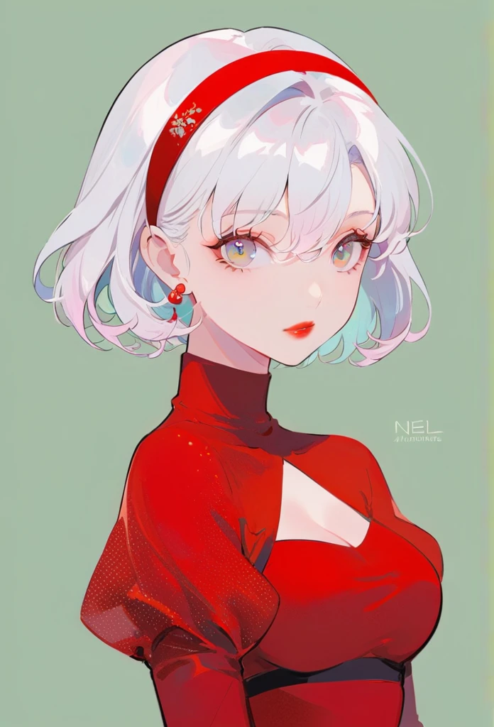 Yohanno. 2 Type B, 1 Girl, WLOP, (cover eyes), breast, cleveage, cleveage cutout, Garment cutting, Green Background, Hair between the eyes, Headband, high resolution, Juliet Sleeves, Long sleeve, Neil (series), Neil automata, Puff sleeves, Red lips, Shadowed side, short hair, Solitary, turtleneck sweater, Upper Body, White hair, Sky