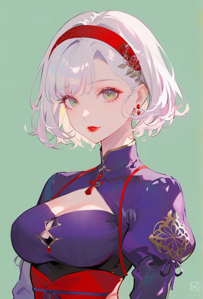 Yohanno. 2 Type B, 1 Girl, WLOP, (cover eyes), breast, cleveage, cleveage cutout, Garment cutting, Green Background, Hair between the eyes, Headband, high resolution, Juliet Sleeves, Long sleeve, Neil (series), Neil automata, Puff sleeves, Red lips, Shadowed side, short hair, Solitary, turtleneck sweater, Upper Body, White hair, Sky