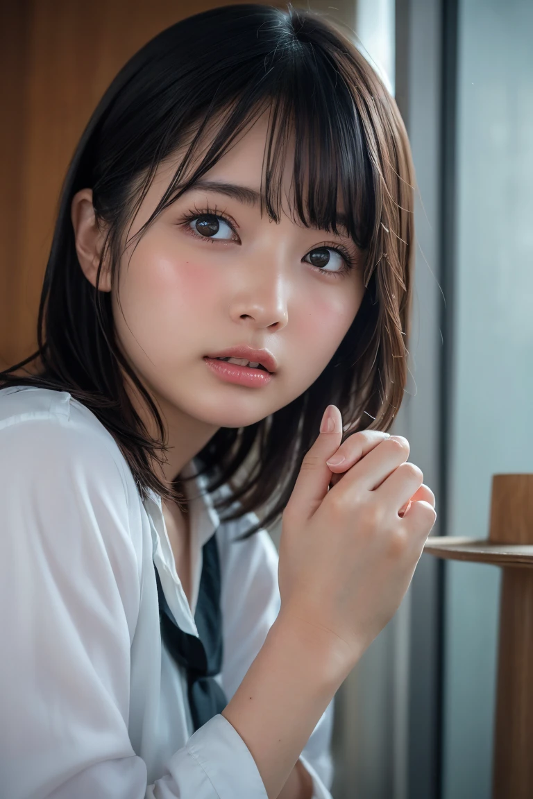 ((Upper Body:1.3)).Blown by the long wind [Blue-black:.3] hair,Looking at the audience, (Tabletop:1.3), (8k, Realistic, RAW Photos, Highest quality: 1.4), Japanese, (1 girl), Beautiful Face, (Realistic face),{Wavy medium hair|Front hair long bob|short hair with long bangs}{Black hair|Brown hair|Blonde hair}, Beautiful hairstyle, Realistic eyes, Beautiful and beautiful eyes, (Realistic skin), Beautiful Skin, charm, Ultra-high resolution, Surreal, Very detailed, Golden Ratio,Female student peeing in toilet、shame(blush:1.3)
