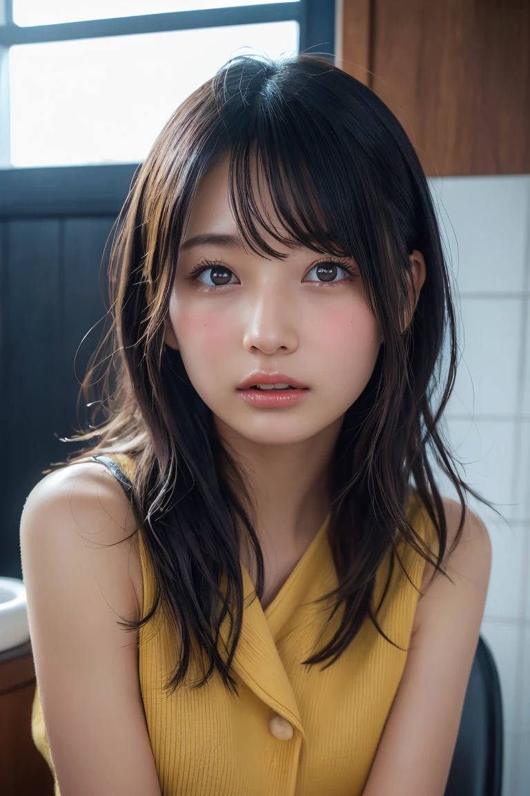 ((Upper Body:1.3)).Blown by the long wind [Blue-black:.3] hair,Looking at the audience, (Tabletop:1.3), (8k, Realistic, RAW Photos, Highest quality: 1.4), Japanese, (1 girl), Beautiful Face, (Realistic face),{Wavy medium hair|Front hair long bob|short hair with long bangs}{Black hair|Brown hair|Blonde hair}, Beautiful hairstyle, Realistic eyes, Beautiful and beautiful eyes, (Realistic skin), Beautiful Skin, charm, Ultra-high resolution, Surreal, Very detailed, Golden Ratio,Female student peeing in toilet、shame(blush:1.3)