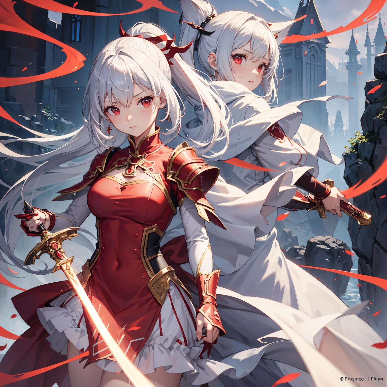 Wearing a red and white dress、anime girl holding sword, Highly detailed official artwork, Epic Light Novel Cover Art, epic Light novel cover art, Silver and red armor, guweiz on pixiv artstation, Anime style 4k, Detailed key animation art, Light novel cover art, Anime Fantasy Artwork，White hair and red eyes，Side Ponytail，Waist-length hair，1 Girl，Portraiture