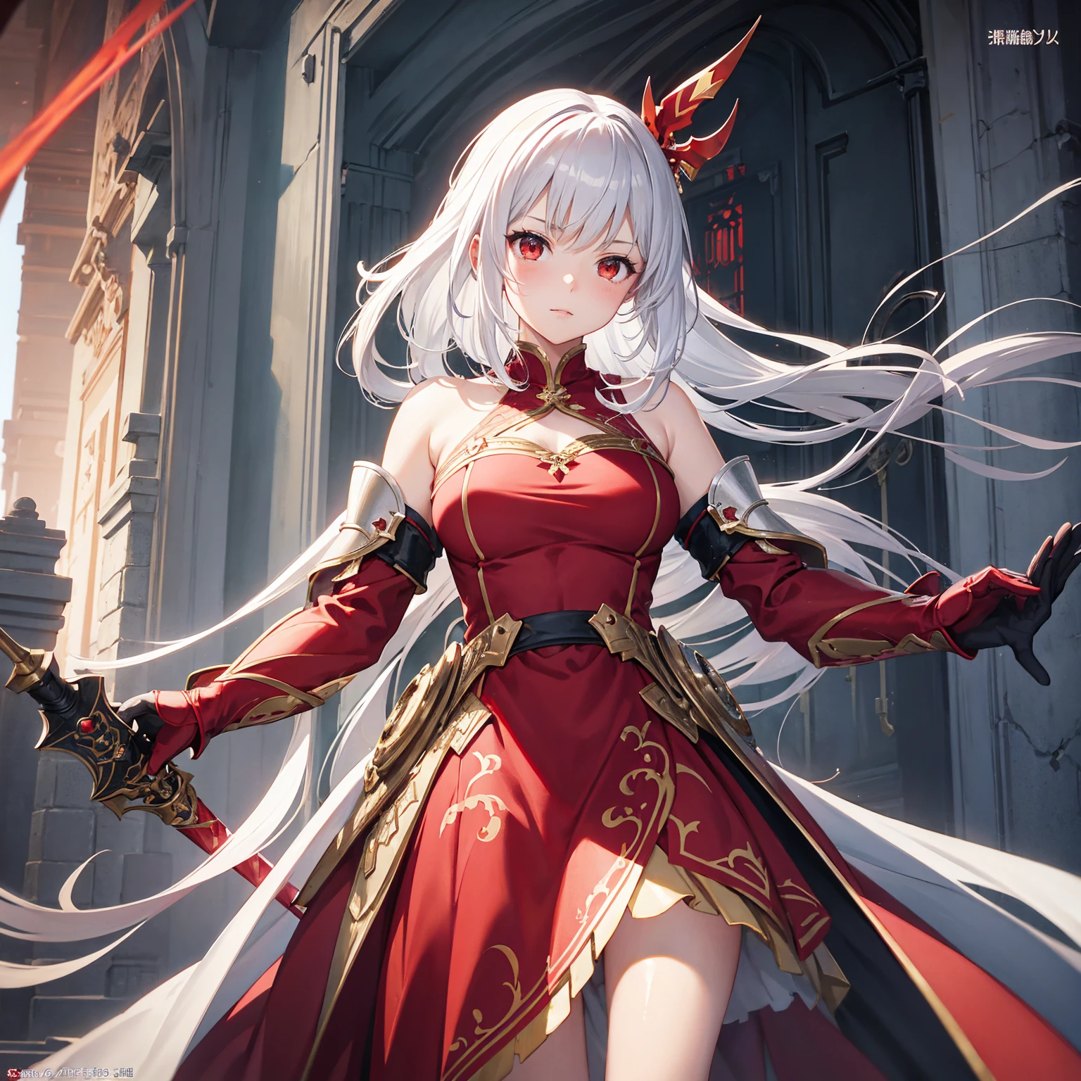 Wearing a red and white dress、anime girl holding sword, Highly detailed official artwork, Epic Light Novel Cover Art, epic Light novel cover art, Silver and red armor, guweiz on pixiv artstation, Anime style 4k, Detailed key animation art, Light novel cover art, Anime Fantasy Artwork,White hair and red eyes,Side Ponytail,Waist-length hair,1 Girl,Portraiture