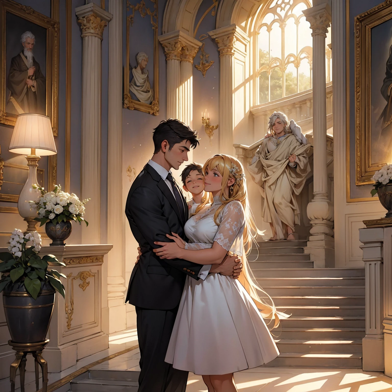 {{masterpiece, Highest quality, Highly detailed CG, unity 8k wallpaper, Cinema Lighting}}, whole body, ancient architecture, smile, Big eyes, Beautiful attention to detail, Long eyelashes,A heartwarming scene in a modern, elegant mansion in Pula, Croatia. A young father in his 30s, dressed in a business suit, has just returned home from work. He lovingly and warmly embraces his playful and innocent twin children, a boy and a girl, lifting them up in a tight hug. The children, full of joy and innocence, cling to him with bright smiles. The setting is bathed in the golden light of a clear summer evening. Sunlight streams through large windows, illuminating the spacious living room and the view of a beautifully landscaped garden and the sparkling Adriatic Sea beyond. The father, secretly imagined as Constantine I, conveys deep love and forgiveness to his children, who are subtly represented as Crispus and Fausta. There is a profound sense of reconciliation, healing, and renewed bonds, symbolized by subtle hints of ancient Roman elements in the home's decor. The scene exudes warmth, peace, and a sense of restored relationships.