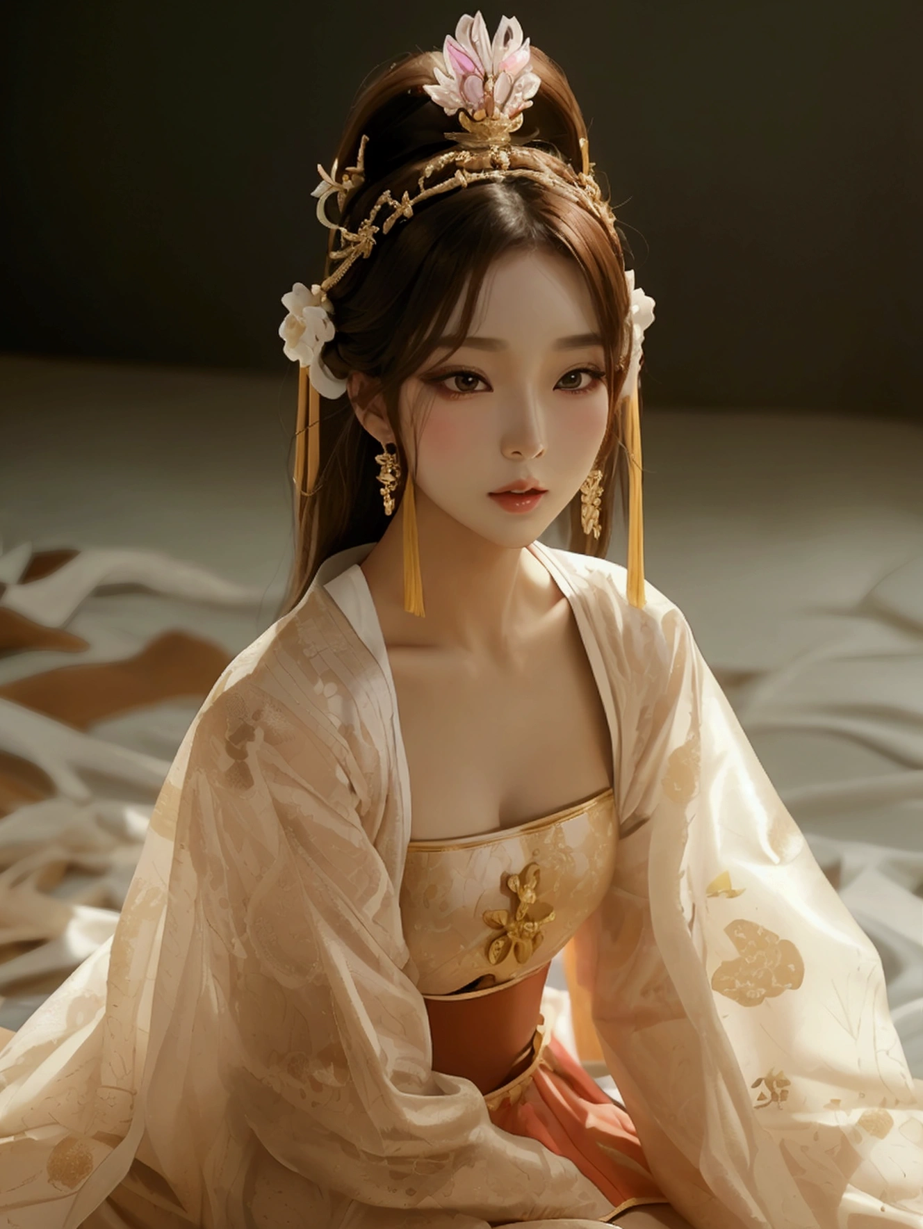 Create an image of a beautiful woman wearing a sexy traditional Korean queen costume. She has a slender face, sharp eyes, long hair, an angled face, a high nose, thin lips, a chest size of 32 inches, a waist size of 24 inches, hips size 33 inches, her skin is bright and white. she has brown hair She has pink nipples Her body was slim and muscular like an athlete. And she was enjoying sitting with her legs spread in an M shape, showing off her very attractive genitals.