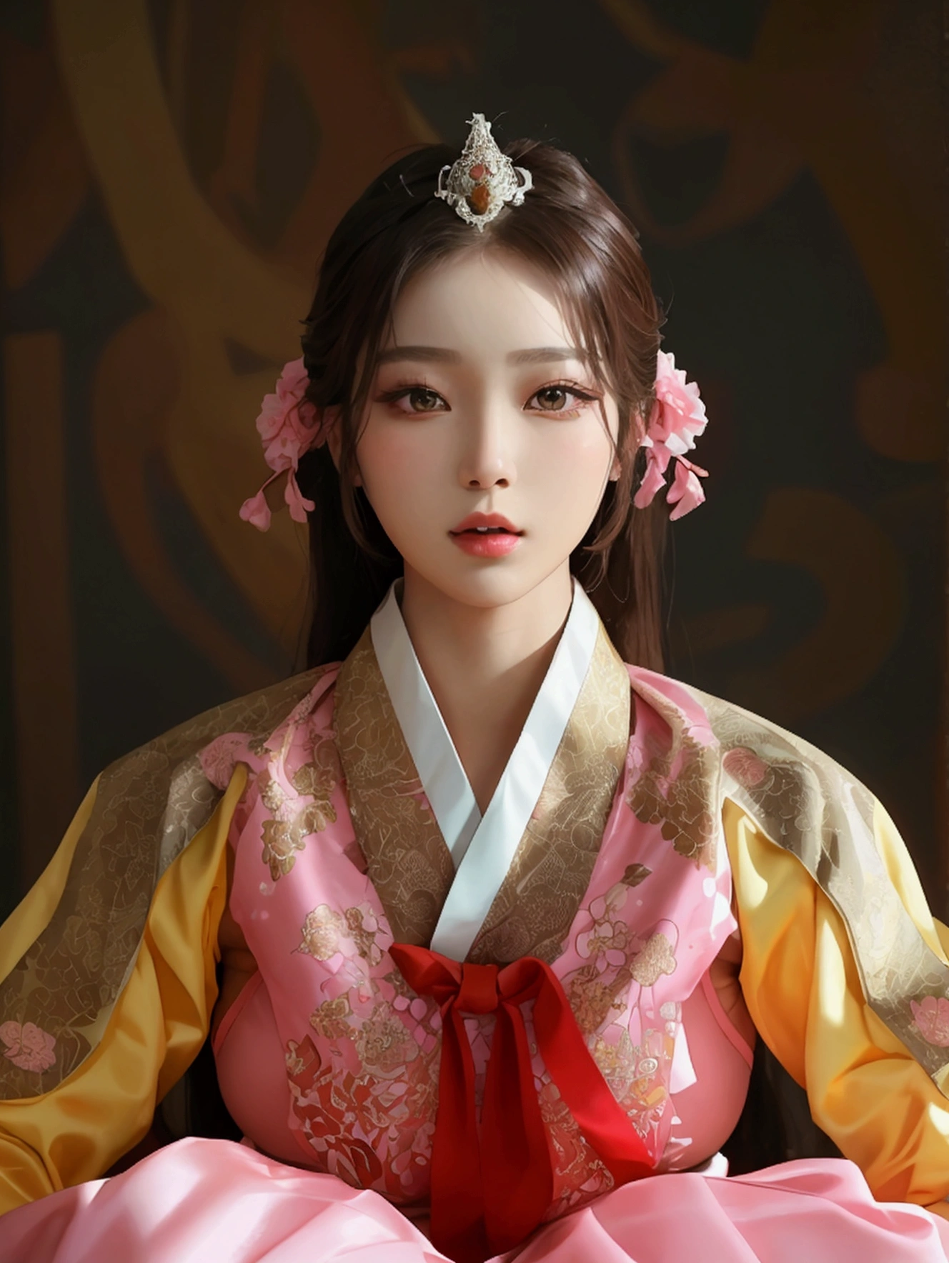 Create an image of a beautiful woman wearing a sexy traditional Korean queen costume. She has a slender face, sharp eyes, long hair, an angled face, a high nose, thin lips, a chest size of 32 inches, a waist size of 24 inches, hips size 33 inches, her skin is bright and white. she has brown hair She has pink nipples Her body was slim and muscular like an athlete. And she was enjoying sitting with her legs spread in an M shape, showing off her very attractive genitals.