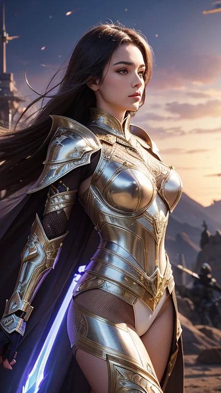Attractive female knight dressed in intricate and beautifully crafted futuristic latex armor, holding a gleaming glowing sword. She wears a mix of brown and white latex, intricately designed to showcase both elegance and strength. The armor features detailed patterns and embellishments, highlighting her status as a gorgeous and powerful paladin. Her presence is both fierce and graceful, embodying the essence of a fantasy warrior, medium long shot, sci-fi battlefield background