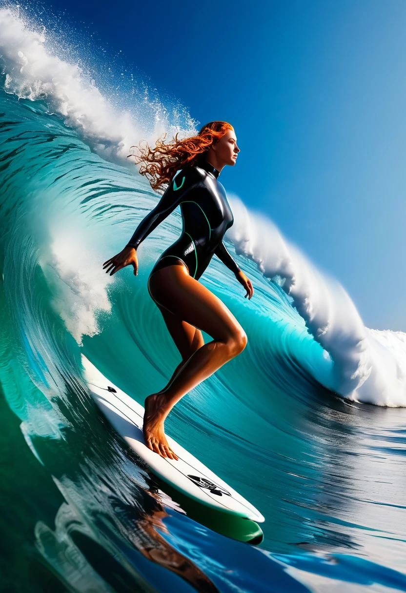 la plus haute qualité,masterpiece ,Ultra haute résolution,(réel:1.4),Photo originale,Ultra haute résolution，8k，Il y a une sublime femme surfeuse rousse, peau claire, Maquillage exquis，Grandes vagues，body en fines dentelles de latex sexy et sublimes :1.5, sublimes Longues jambes, Lumineux et beau, surf dans le rouleau d'une immense vague aux détails fractals, à l'intérieur de la vague, pose de surfeuse debout sur sa planche de surf