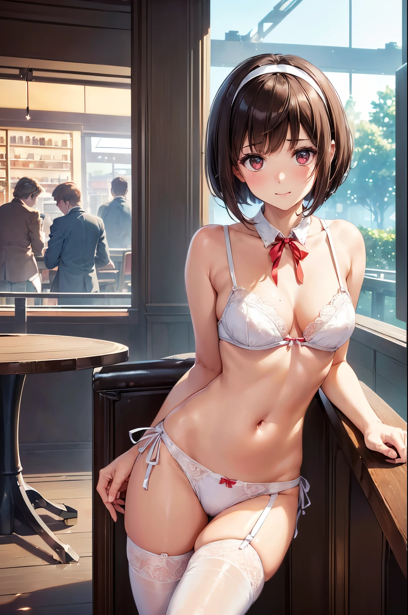 (((masterpiece, Highest quality, High resolution, 超High resolution, Perfect Pixel, Depth of written boundary, 4K, RTTX 10.0))), Beautiful Anime Woman, Beautiful art style, Anime characters, ((Smooth texture, Realistic texture, Anime CG Style)), Perfect and accurate finger count、Exact number of legs、(Exact number of arms:1.0, Exact number of hands:1.0), (Perfect hands, Perfect Anatomy), Cinematic, Realistic, Extremely detailed CG, Daytime lighting, Perfect lighting, Best Shadow, The best natural light, whole body, Perfect body, バランのとれたPerfect body, Perfectly balanced style, Slender body, ((bangs, Dark brown hair, Bobcut)), ((A cute adult woman is standing facing this way:1.8)), ((Bow tie around neck:1.3), (Sexy and cute white underwear:1.3), (Stylish shiny white satin panties, Side-tie panties, Panties with plain white center and lace decoration on the sides, Thin panties with red ribbon:1.4), (White micro lace satin bra, White bra with lace trim, Thin bra with red ribbon:1.4), (lace garter belt, Garter Strings, Knee socks:1.3):1.3), (Beautiful big boobs:1.1), (Embarrassed expression:1.7), blush, (Stylish restaurant, Many visitors in the background, Inside the crowded store, Tables and chairs filled with male customers, Many men sitting at tables and chairs, The attention men are giving her:1.7), naked, In underwear, (White ruffled headband:1.3), Angle from the front, Nakaseko Kaori