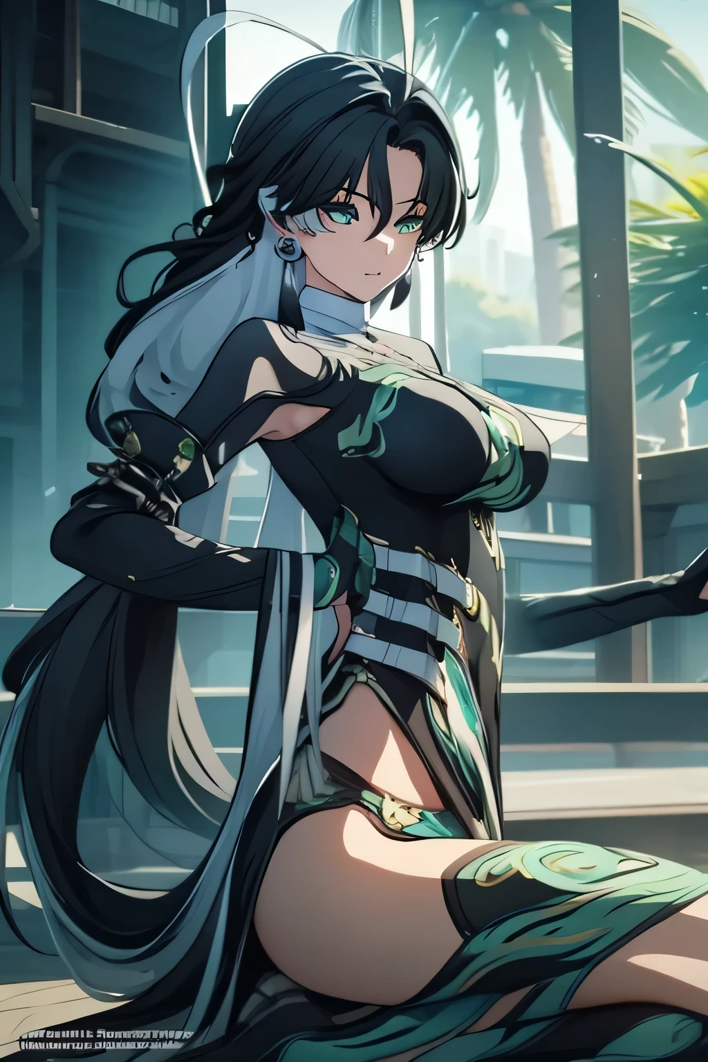 jianxin, long hair, ponytail, light green eyes, ((detailed eyes:1.2)), large breasts, nsfw, wearing slingshot_bikini, sexy, sensual, masterpiece, top quality, best quality, official art, beautiful and aesthetic:1.2), extreme detailed, colorful, highest detailed