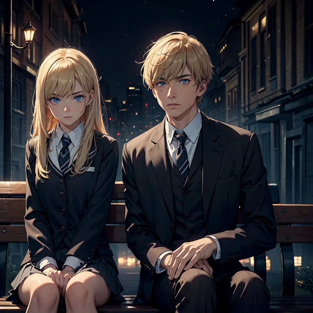 Man with blond hair, woman with brown hair, wearing school uniforms, talking, sitting on a bench, dark, dark atmosphere, foggy, mysterious, schoolyard in the background