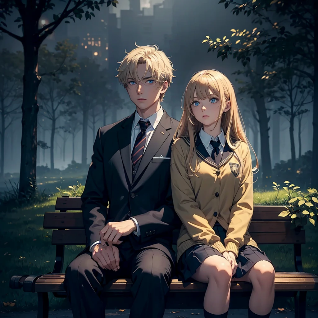 Man with blond hair, woman with brown hair, wearing school uniforms, talking, sitting on a bench, dark, dark atmosphere, foggy, mysterious, schoolyard in the background
