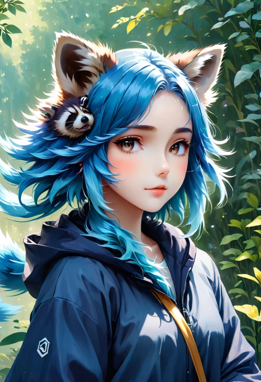Anime girl with blue hair and raccoon ears, 2D Animation style, Wave, 2D Animation, Cute art style in anime, by Shimo, This is denied, Anime Style 4k, 2D Art, QR Diagram Art, Anime Girl Profile, From Arknights, By Proulx, No type, by Kamaguka, return、The motif is a raccoon dog、Anthropomorphic raccoon dog