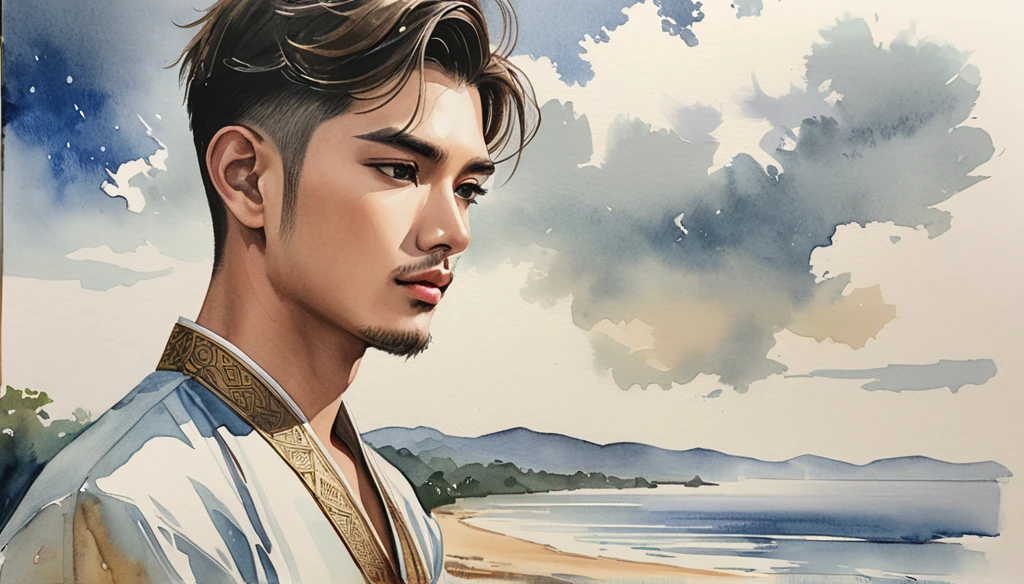 A close-up of a 24 years man Full size standing alone at a scenic overlook, staring into the distance, with a melancholic expression. The sky is overcast, reflecting the mood of the lyrics. ((imperfect water color background)), sketching, realistic drawing, imperfect water color painting, fashion look book, fashion illustrator, sketch design, the image boasts high-quality, Lanna, North Thai traditional costume.