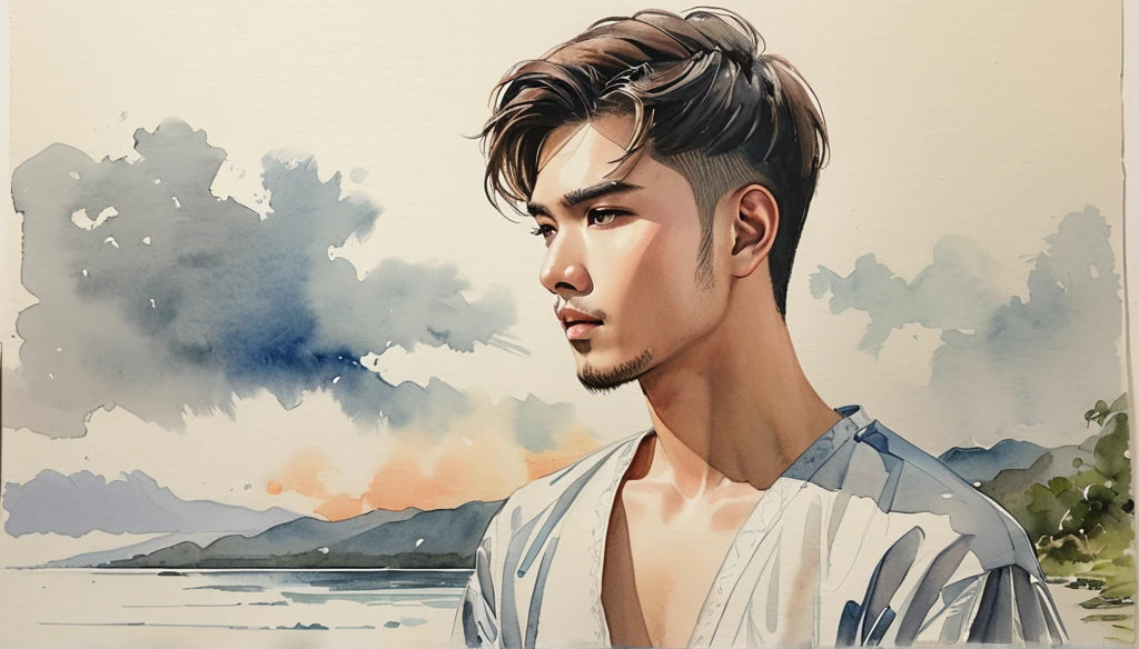 A close-up of a 24 years man Full size standing alone at a scenic overlook, staring into the distance, with a melancholic expression. The sky is overcast, reflecting the mood of the lyrics. ((imperfect water color background)), sketching, realistic drawing, imperfect water color painting, fashion look book, fashion illustrator, sketch design, the image boasts high-quality, Lanna, North Thai traditional costume.