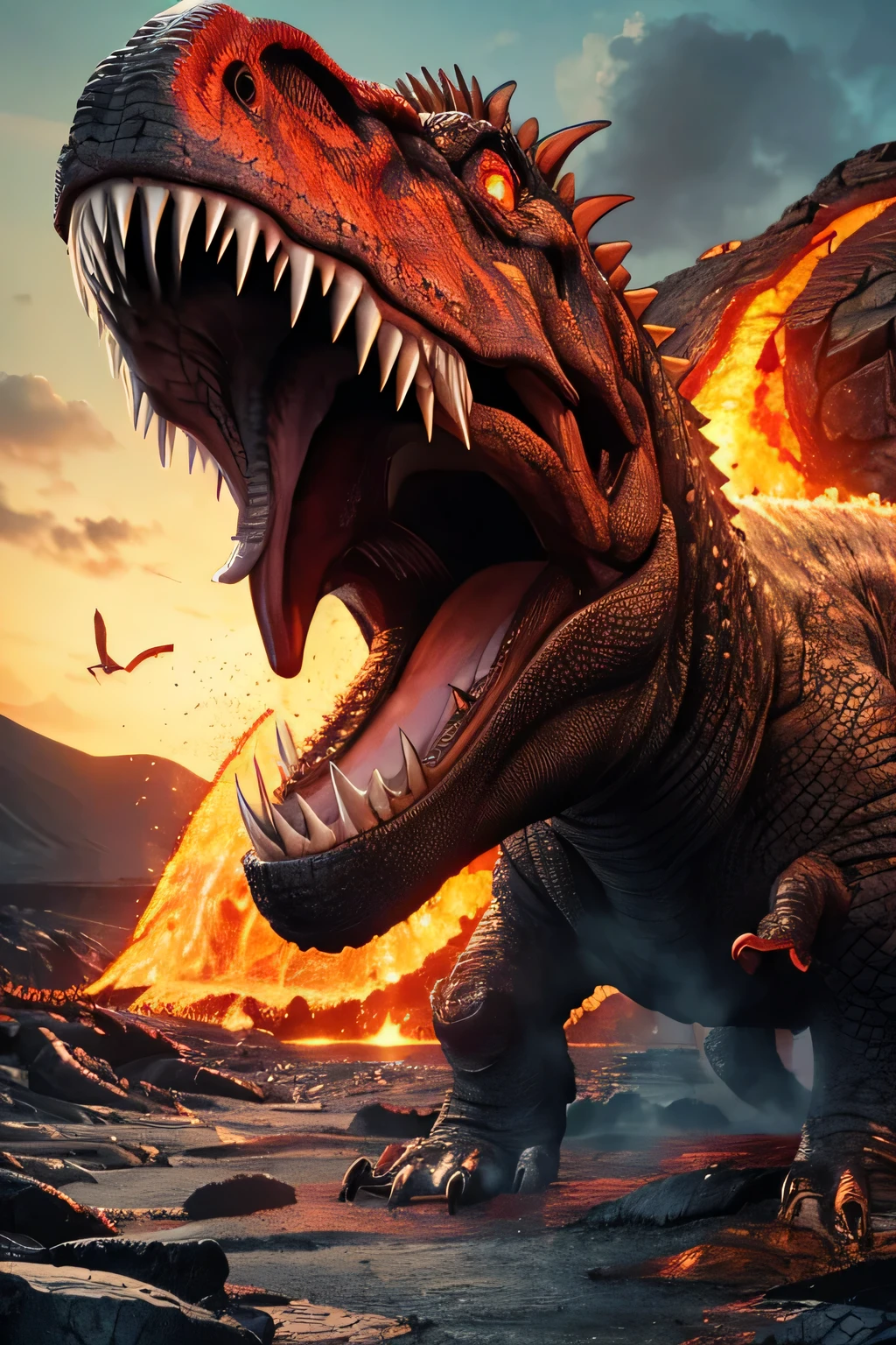 Tyrannosaurus indominus with a huge mouth and sharp teeth running through a lava field