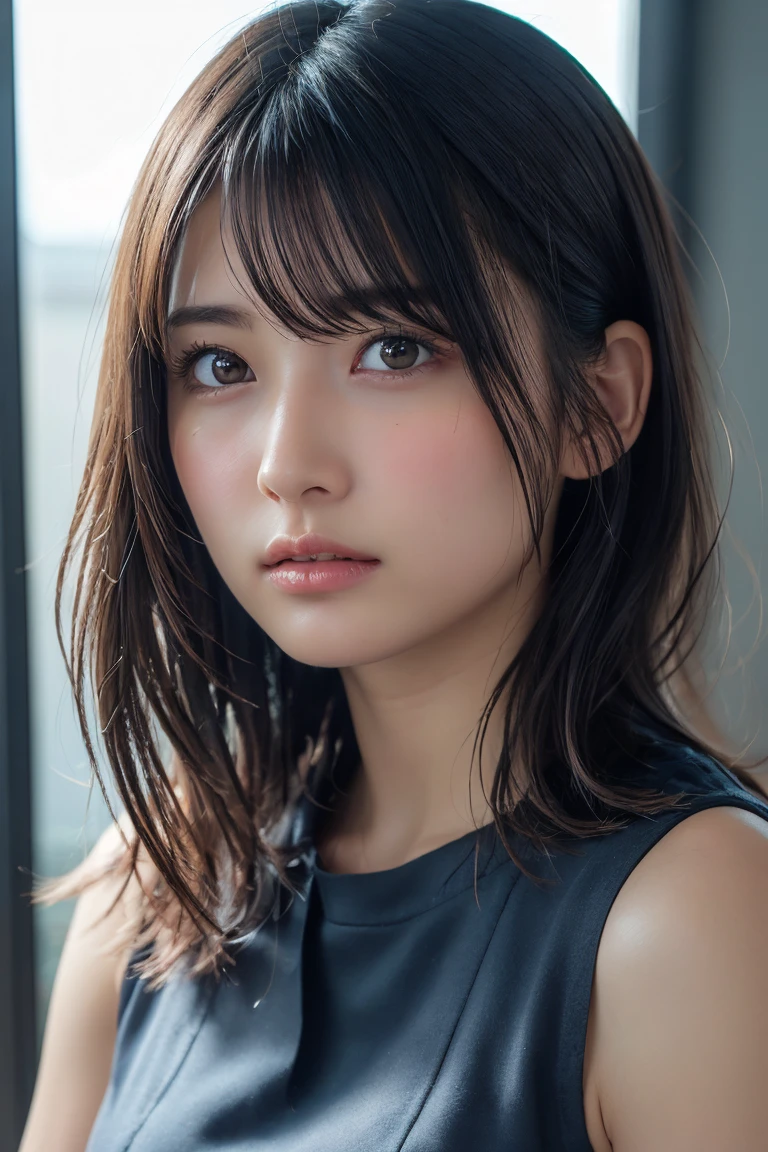 ((Upper Body:1.3)).Blown by the long wind [Blue-black:.3] hair,Looking at the audience, (Tabletop:1.3), (8k, Realistic, RAW Photos, Highest quality: 1.4), Japanese, (1 girl), Beautiful Face, (Realistic face),{Wavy medium hair|Front hair long bob|short hair with long bangs}{Black hair|Brown hair|Blonde hair}, Beautiful hairstyle, Realistic eyes, Beautiful and beautiful eyes, (Realistic skin), Beautiful Skin, charm, Ultra-high resolution, Surreal, Very detailed, Golden Ratio,shame(blush:1.3)