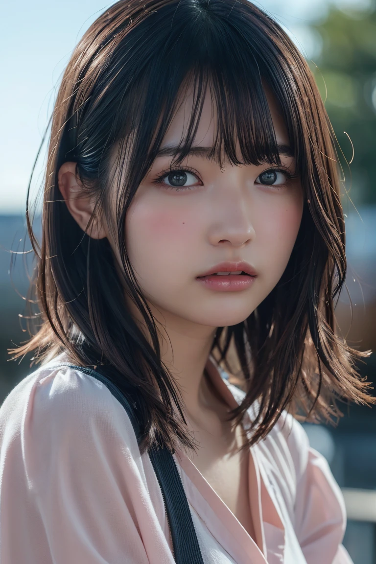 ((Upper Body:1.3)).Blown by the long wind [Blue-black:.3] hair,Looking at the audience, (Tabletop:1.3), (8k, Realistic, RAW Photos, Highest quality: 1.4), Japanese, (1 girl), Beautiful Face, (Realistic face),{Wavy medium hair|Front hair long bob|short hair with long bangs}{Black hair|Brown hair|Blonde hair}, Beautiful hairstyle, Realistic eyes, Beautiful and beautiful eyes, (Realistic skin), Beautiful Skin, charm, Ultra-high resolution, Surreal, Very detailed, Golden Ratio,shame(blush:1.3)