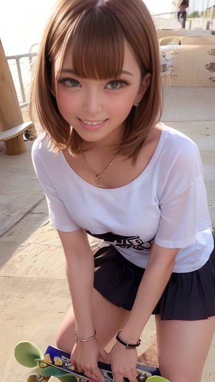 ((skateboard:1.3))One girl holding、T-Shirtini skirt with slit、smile、skateboard park、blue sky、Bob Hair、Brown Hair、Medium breast、masterpiece:1.3、Raw photo、Highest quality、Anatomically correct arms and legs、Anatomically correct fingers、