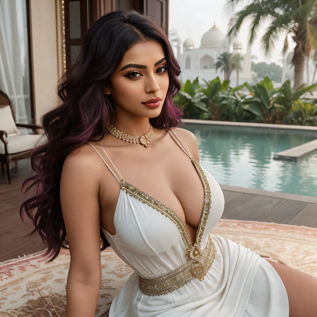 Create an ultra-realistic image of a modern, attractive female influencer of Indian descent, aged between 27 to 30. She should have a warm and inviting smile, expressive almond-shaped eyes with a slight shimmer, and clear, glowing skin with a medium brown complexion. Her features should be well-defined, with high cheekbones and a sharp jawline. Her hair should be a deep, reddish-purple hue, long, thick, and wavy, styled in soft waves pinned to one side with a delicate hair accessory.
She should have a slender yet athletic build, reflecting a healthy and active lifestyle, with gigantic breasts (plump: 1.1). She is wearing an elegant dress inspired by the Indian flag, featuring saffron, white, and green colors with a blue Ashoka Chakra emblem. The dress has a deep V-neck and a high slit, adorned with subtle beadwork to enhance its luxurious appearance.
The background should be an elegant opera house with ornate architecture, plush seating, and dramatic lighting, adding to the sophisticated ambiance. Her overall appearance should exude confidence, approachability, and elegance, capturing the essence of contemporary luxury and sophistication while showcasing national pride.