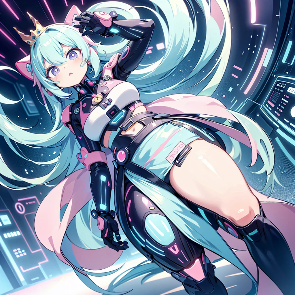 (Kawaii Character:1.4), 
Cyber Princess,
She is immersed in cyber networks,
(Special effects),
masterpiece, Highest quality,
Clear images, Clear images, Clear images, Unrealistic image, 
Highly detailed background,kawaii tech,