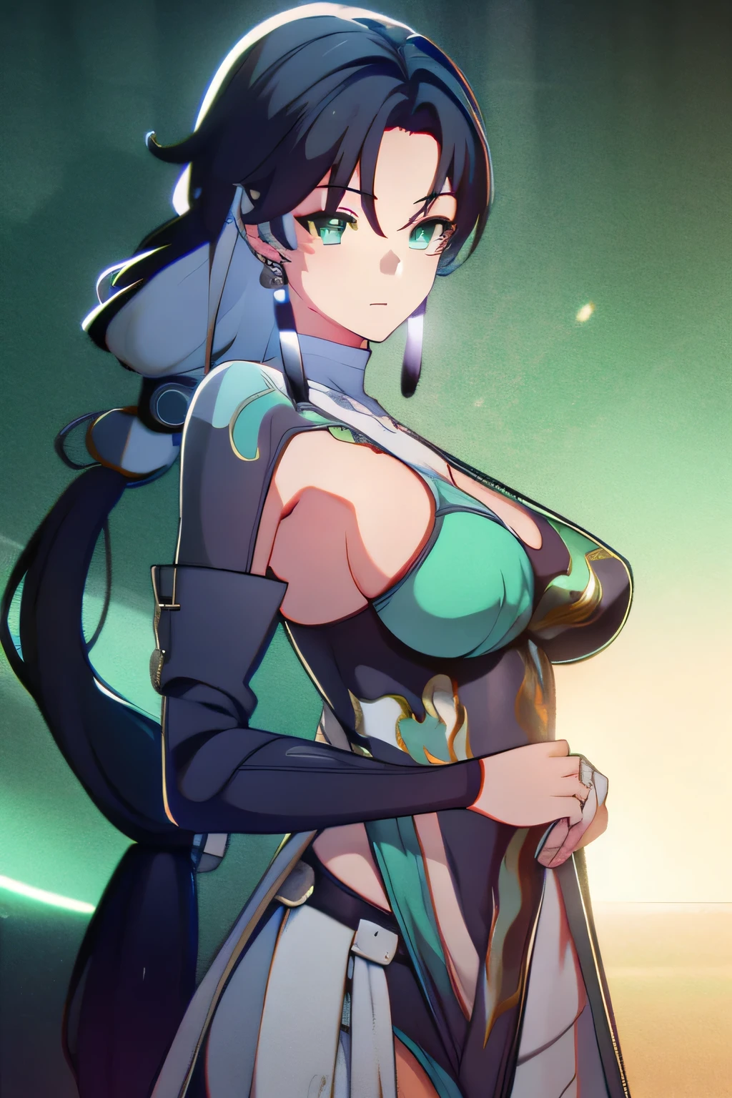 jianxin, long hair, ponytail, light green eyes, ((detailed eyes:1.2)), large breasts, nsfw, wearing slingshot_bikini, sexy, sensual, masterpiece, top quality, best quality, official art, beautiful and aesthetic:1.2), extreme detailed, colorful, highest detailed