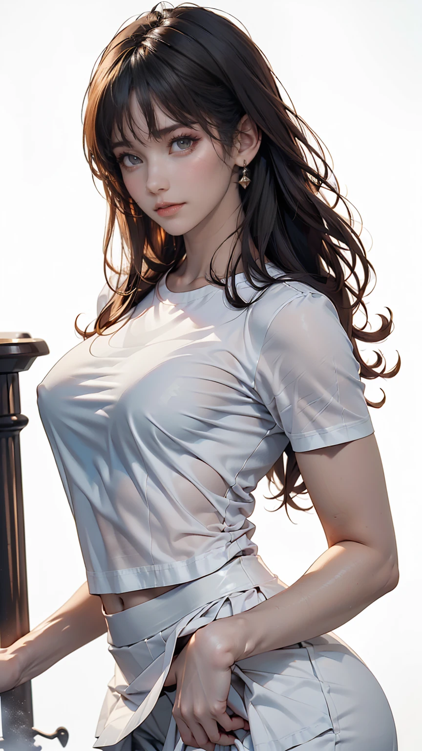 Nipples, Visible through the white shirt (((masterpiece, Highest quality)), No pants, 1 girl, (Realistic: 1.4), alone, White Background, Black Hair, Long Hair, Absolute area, skirt, ((whole body)),Sexy proportions、erotic