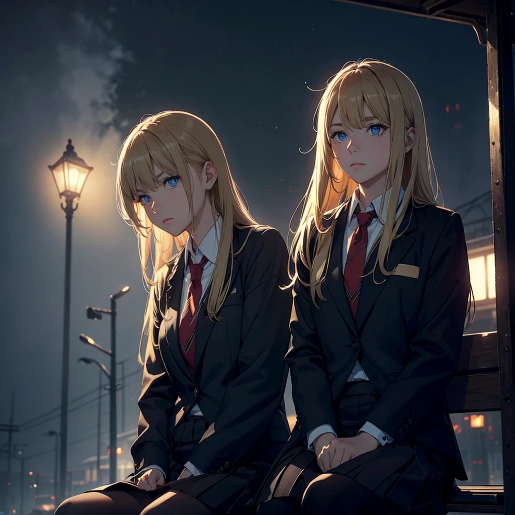 Man with blond hair, woman with brown hair, no bangs, wearing school uniforms, talking, sitting on a bench, dark, dark atmosphere, foggy, mysterious, schoolyard in the background
