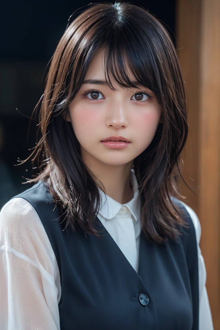 ((Upper Body:1.3)).Blown by the long wind [Blue-black:.3] hair,Looking at the audience, (Tabletop:1.3), (8k, Realistic, RAW Photos, Highest quality: 1.4), Japanese, (1 girl), Beautiful Face, (Realistic face),{Wavy medium hair|Front hair long bob|short hair with long bangs}{Black hair|Brown hair|Blonde hair}, Beautiful hairstyle, Realistic eyes, Beautiful and beautiful eyes, (Realistic skin), Beautiful Skin, charm, Ultra-high resolution, Surreal, Very detailed, Golden Ratio,shame(blush:1.3)