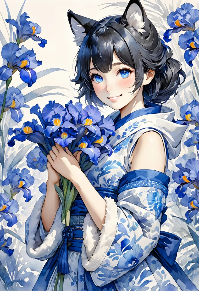 monochrome, watercolor, highres, top quality, best quality, paid reward available, High-quality illustrations, unparalleled masterpiece, perfect artwork, absurdres, 1girl, kemono, furry, detailed body fur, animal face, animal hand, Archaic Smile, holding a cluster of Blue iris in both hands, which are positioned at chest level, She is wearing a simple ring on the ring finger of her left hand, unfocused spread o Blue iris, fan-created work shared on platforms Pixiv or ,