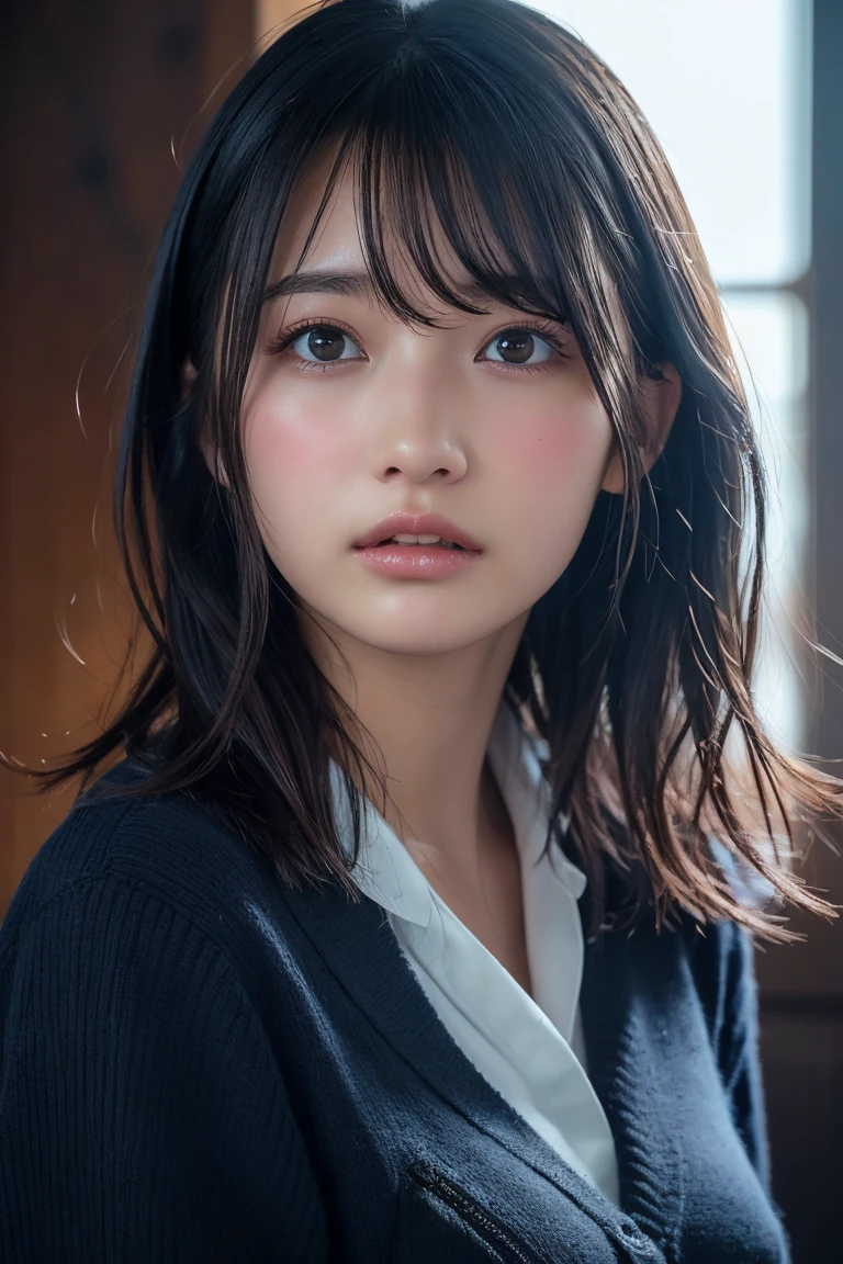 ((Upper Body:1.3)).Blown by the long wind [Blue-black:.3] hair,Looking at the audience, (Tabletop:1.3), (8k, Realistic, RAW Photos, Highest quality: 1.4), Japanese, (1 girl), Beautiful Face, (Realistic face),{Wavy medium hair|Front hair long bob|short hair with long bangs}{Black hair|Brown hair|Blonde hair}, Beautiful hairstyle, Realistic eyes, Beautiful and beautiful eyes, (Realistic skin), Beautiful Skin, charm, Ultra-high resolution, Surreal, Very detailed, Golden Ratio,shame(blush:1.3)