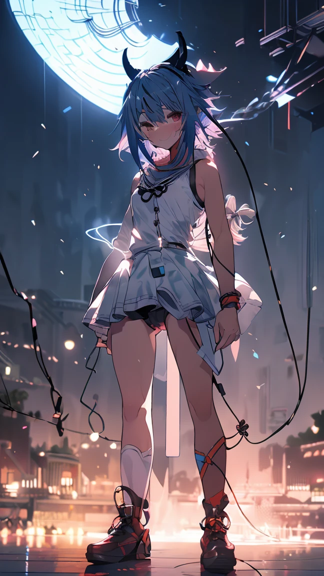 masterpiece, Highest quality, High resolution, Very detailed,(((Mikoto Naruka))), (((white ground)))、(((electric wire)))、(((smile)))、(((Standing in the distance))), Electric pole, night, naked。