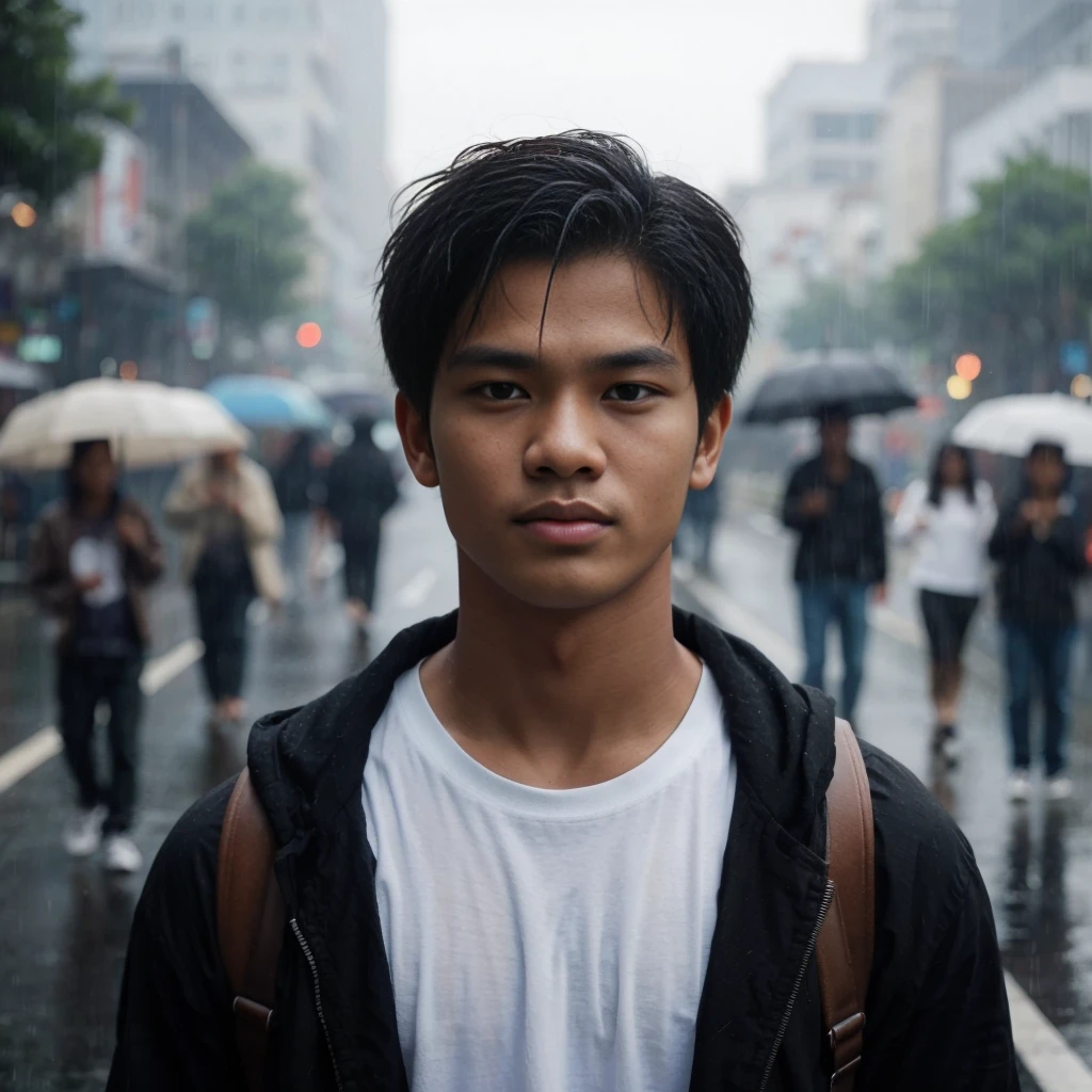 an 18 year old man from Indonesia wearing a white t-shirt, black jacket, brown skin, standing on the main road, people walking, heavy rain around him, very detailed texture, sharp eyes, realistic hair, hyperrealistic, very detailed,  this film was shot with the best cameras in the world, ultra HD, 16K, very realistic, photorealistic, a masterpiece.