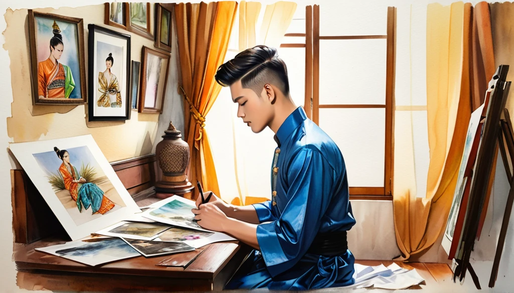 A 24 years old man sitting in a dimly lit room, surrounded by photos and memories of a past relationship, looking down at a photo in their hands. ((imperfect water color background)), sketching, realistic drawing, imperfect water color painting, fashion look book, fashion illustrator, sketch design,  the image boasts high-quality, Lanna, North Thai traditional costume.