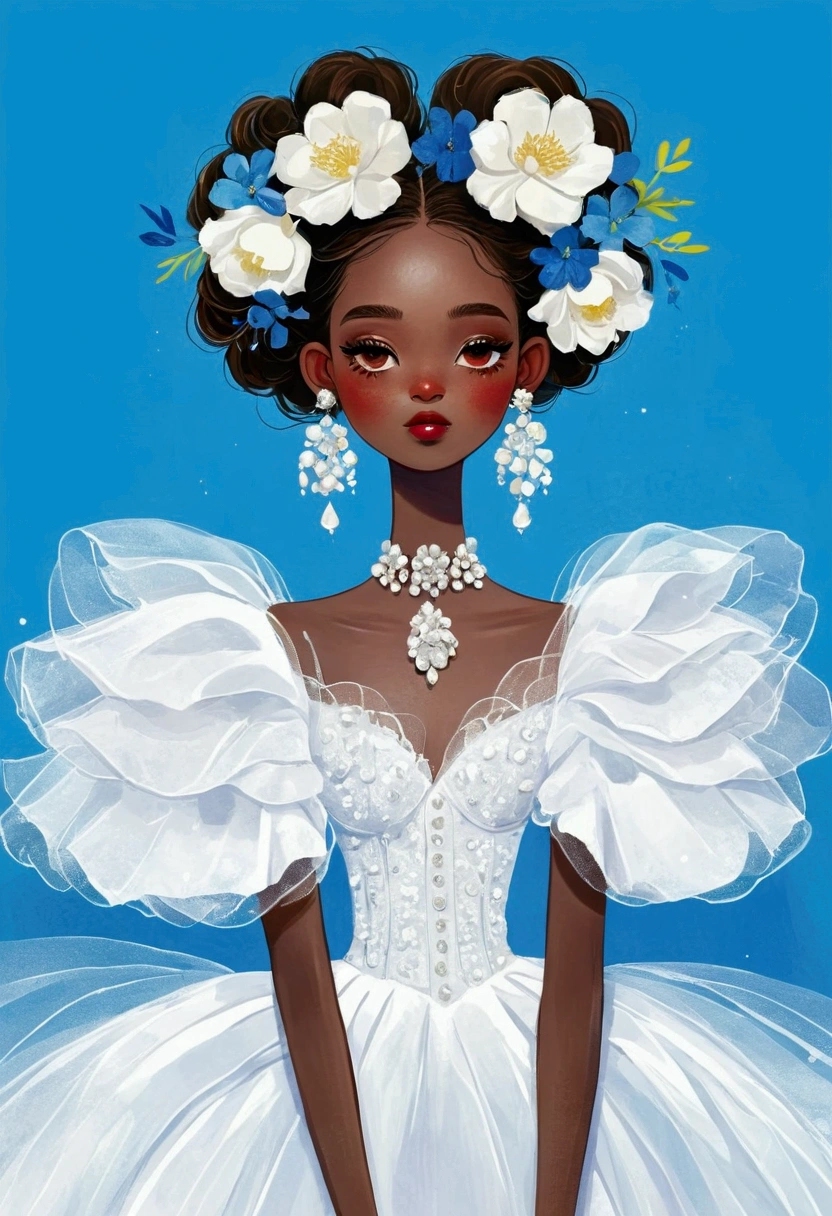 illustration：1 beautiful girl，Dark Skin，Flower Earrings，White exaggerated dress，Exaggerated sleeves，Fluffy white tulle，Blue Background
