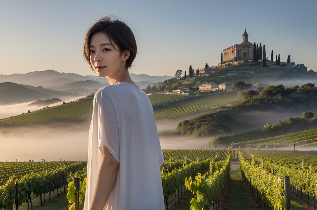 travel to italy, italian countryside dawn, foggy vineyard, Endless vineyards, 안개낀 standing on a path on a high hill. A cathedral can be seen far away in the fog.. The morning sun comes brightly. textured skin, anatomically correct, ((korean mature, 55 years old)), alone, Inspired by Yoo Ji-in. ((wrinkles appear on the face)), Elegant and modest appearance, short medium bob hair, Smile, (((upright, facing the center of the screen.))), women's windbreaker, casual pants, 1 woman, 1 woman, A cathedral can be seen far away in the fog.. Full body shot with Canon camera 16-35 wide angle lens, standing on a path on a high hill. 1 woman, 1 woman, vineyard in thick fog, 1 woman, look up, 1 woman