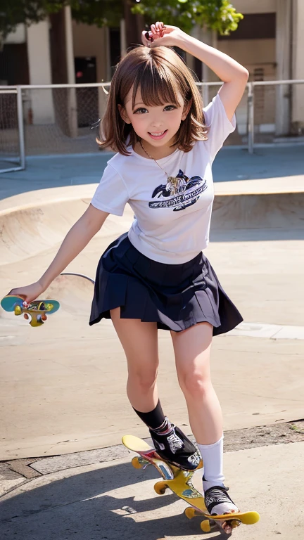 ((skateboard:1.3))One girl holding in her hands、T-Shirtini skirt with slit、smile、skateboard park、blue sky、Bob Hair、Brown Hair、Medium breast、masterpiece:1.3、Raw photo、Highest quality、Anatomically correct arms and legs、Anatomically correct fingers、