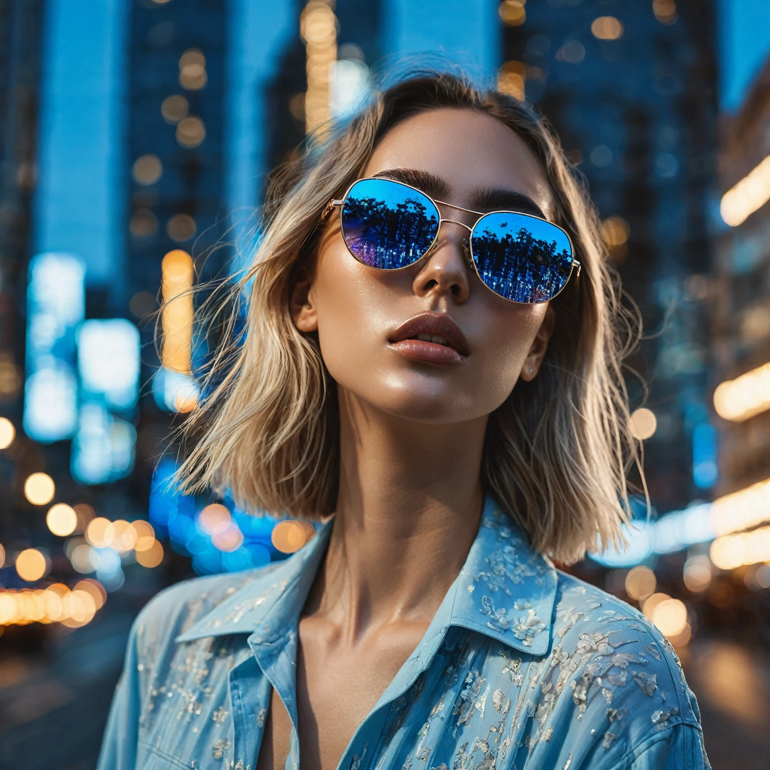 cinematic aesthetic  model wear A pair of oversized sunglasses with blue mirrored lenses, reflecting the city lights at summer time