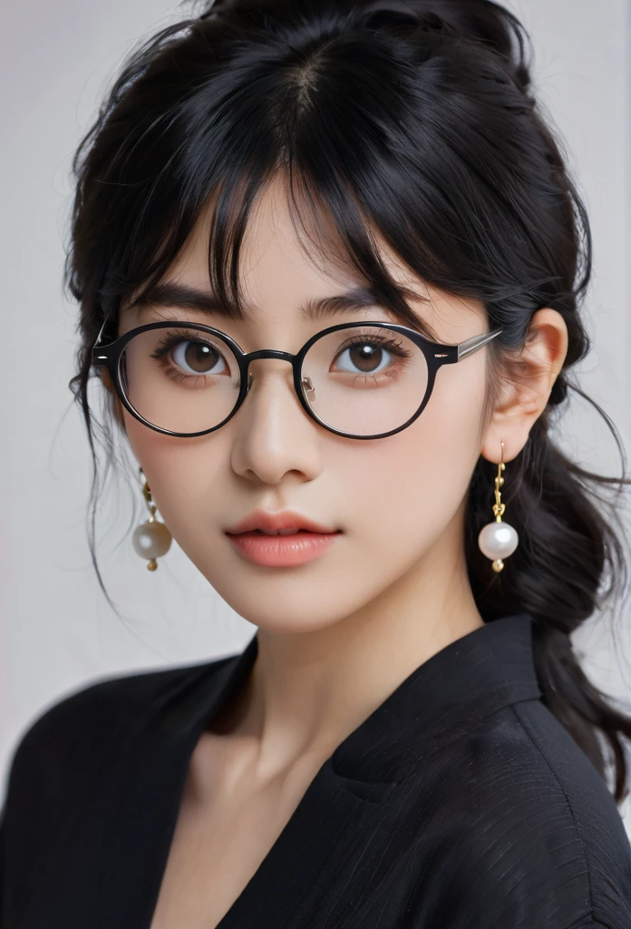 One girl, Black Hair　
Black-rimmed glasses accurate, Textured skin, Normal body type, normal lips, black clothes　Black pants long hair, Earrings, 
No makeup, dark eyebrows, bulbous nose, Japanese, round face, dark complexion, slanted eyes, 
Fine natural curls, 