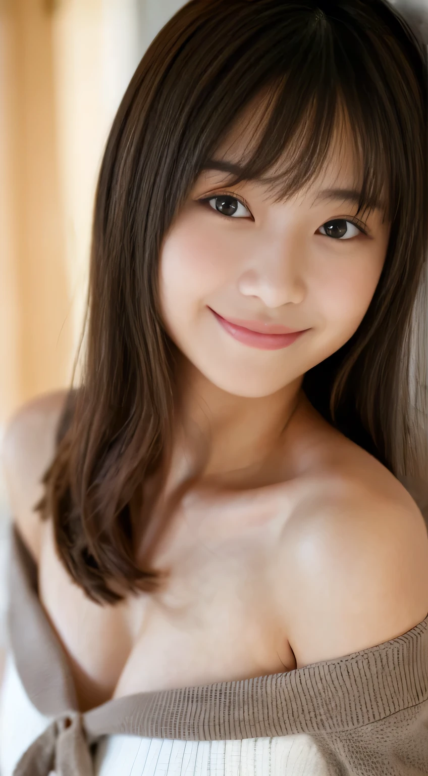 masterpiece,best quality,(Japanese girl),((Beautiful girl)),cleavage,(off shoulder:1.2),(perfect body beauty:1.2),(shy smile)