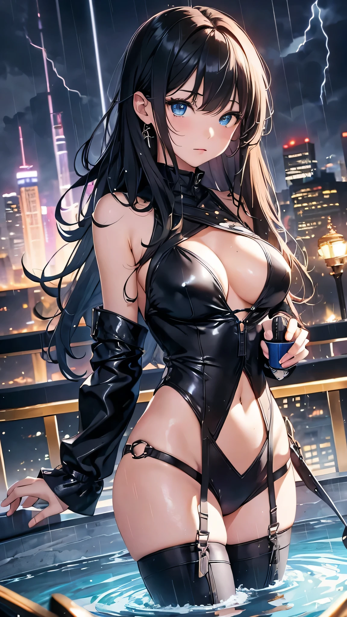 最high quality、Best image quality、masterpiece、With a girl((cute、、Best Bust、Medium Bust、Beautiful Blue Eyes、Spread your chest wide,Black Hair、Disheveled Hair、thin、Highest Valley、Black Dresy whole body is wet、Lie))high quality、Beautiful art、background((night、heavy rain、City、Lightning strikes、fountain park)),Tabletop、Exquisite design、Visual Arts、Written boundary depth、Best lighting、Highest detail、8k