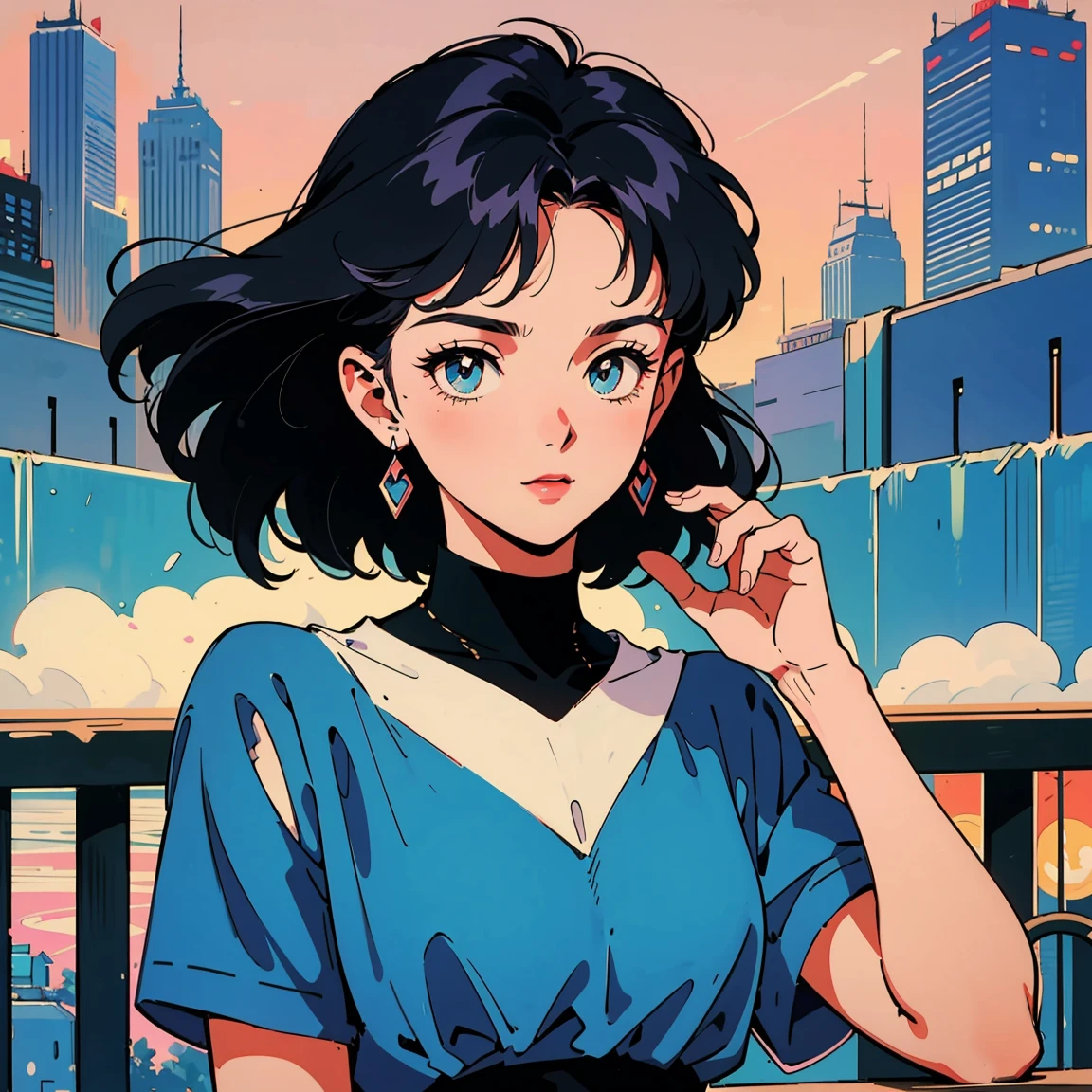 Best image quality, 1980s style animation, 21 year old girl, black hair, Permed hair, bright eyes, Pretty Eyes, eye line, retro, Summer Clothes, whole body , city , evening in the park, posing, So sexy, so pretty.