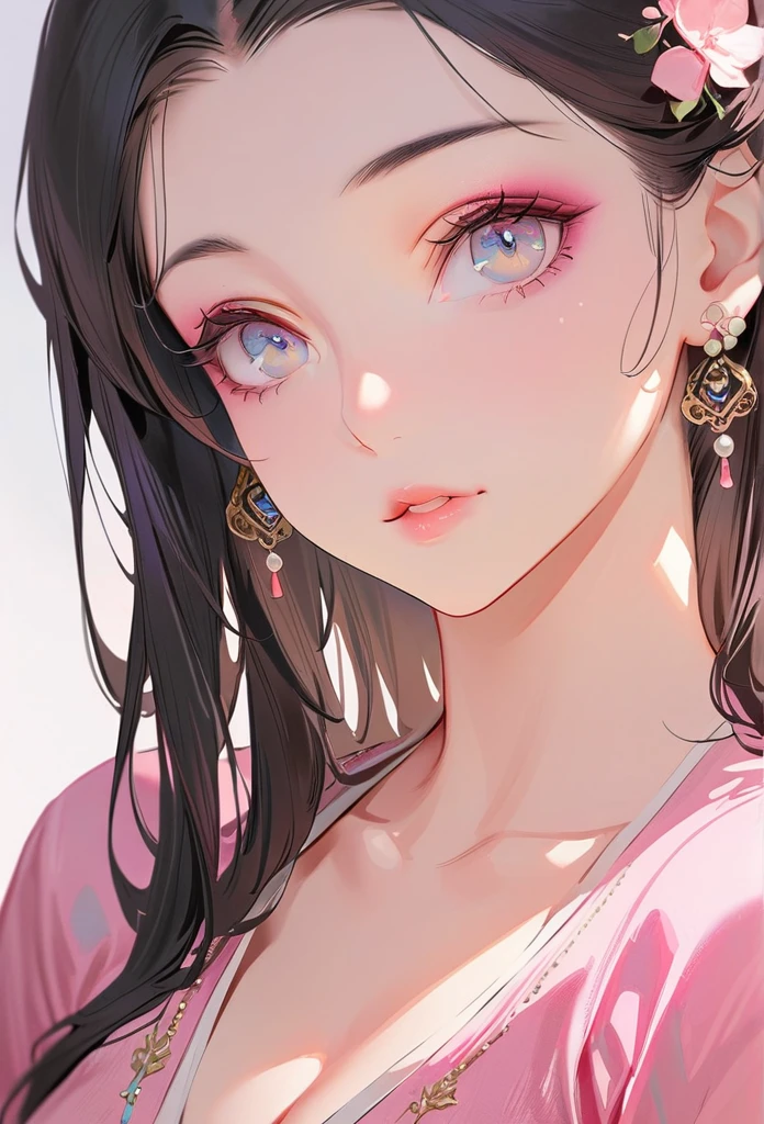 8K, best quality, masterpiece, Ultra-high resolution, (realism: 1.4), original photo, (Realistic skin texture: 1.3), (Film Grain: 1.3), (Selfie Angle), 1 girl, Pink clothes, Sapphire eyes and beautiful facial details, masterpiece, best quality, close up, Upper body highest quality picture quality pull-ups