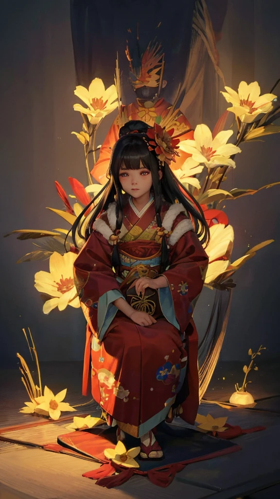 Highest quality, Pixiv, Black Hair, hair ornaments, kimono, hair flower, flower, kimono, mask, One girl, Sitting, Long Hair, with own hands, View your viewers, 6+boy, pray, multiple boy, Flower pattern print, Wide sleeves, chiaroscuro, cinematic lighting, (masterpiece:1.2), UHD, high details, best quality, highres, 8k