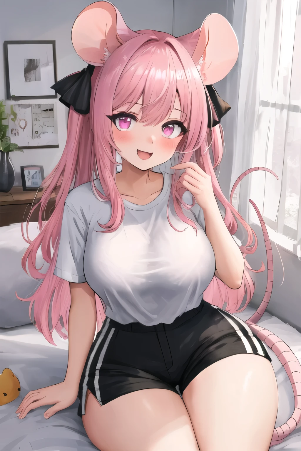 Masterpiece, best quality, 1 girl, (pink hair, long hair, fine hair, Mouse ears, pink eyes:1.3), cute, (Horny heart eyes, Heavy blushing, excited, Very horny face:1.1), bedroom, (black hair ribbon, t-shirt, shorts:1.2), (very heavy, The chest is larger than the body., bursting breasts, curve, Thin waist, heavy bottom, thick thighs, wide hips:1.1)