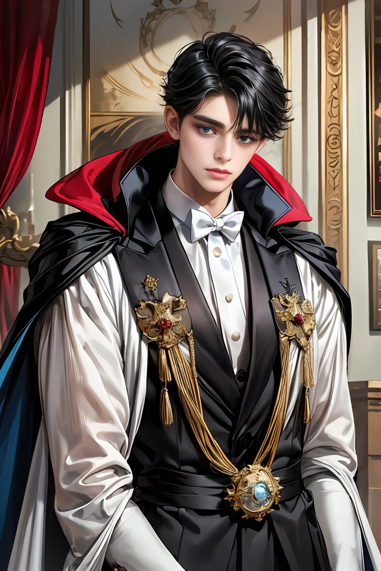 
masterpiece, 最high quality, high quality, 1 boy, alone, Male focus, Watching the audience,  Messy black hair, Adorable big blue eyes, White, Noble, Noble,A sexy, voluminous, puffy cape、tuxedo、A very voluminous, large, very large, very large, long, long red and black cape with a high stand-up collar, made of a lot of fabric that reaches down to the floor., ,Cute beautiful boys,Cute, cute, kind, handsome guy