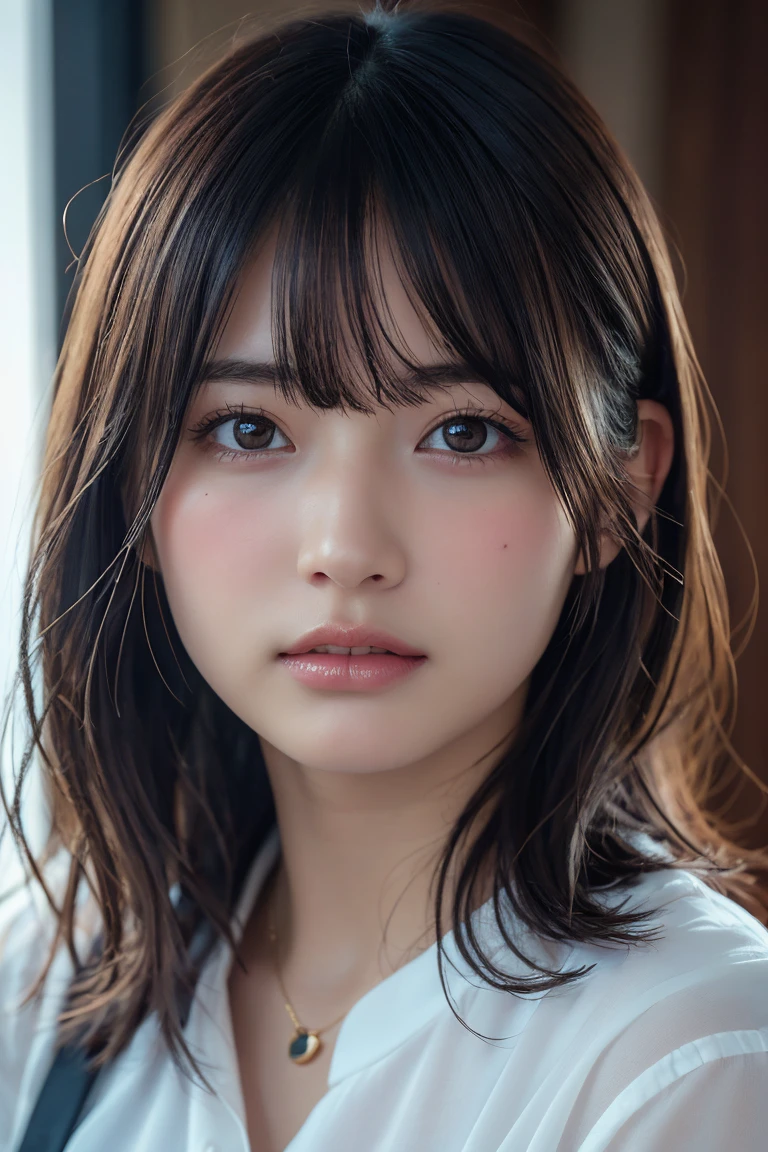 ((Upper Body:1.3)).Blown by the long wind [Blue-black:.3] hair,Looking at the audience, (Tabletop:1.3), (8k, Realistic, RAW Photos, Highest quality: 1.4), Japanese, (1 girl), Beautiful Face, (Realistic face),{Wavy medium hair|Front hair long bob|short hair with long bangs}{Black hair|Brown hair|Blonde hair}, Beautiful hairstyle, Realistic eyes, Beautiful and beautiful eyes, (Realistic skin), Beautiful Skin, charm, Ultra-high resolution, Surreal, Very detailed, Golden Ratio,shame(blush:1.3)
